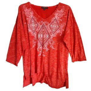 Signature 1 Studio Blouse 2X Pullover Rhinestones V-Neck 3/4 Sleeve Aztec Boho